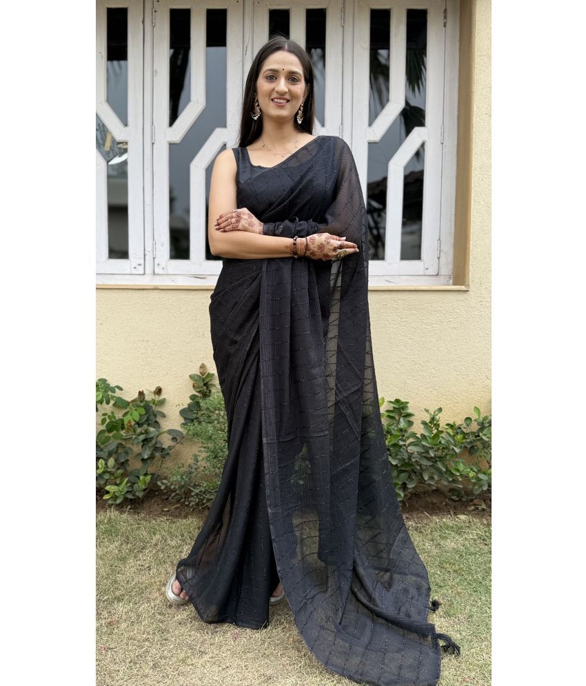     			KV Fashion Chiffon Striped Saree With Blouse Piece ( Black , Pack of 1 )