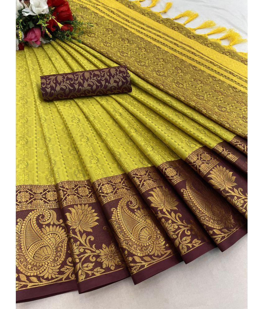     			KV Fashion Cotton Silk Woven Saree With Blouse Piece ( Lime Green1 , Pack of 1 )