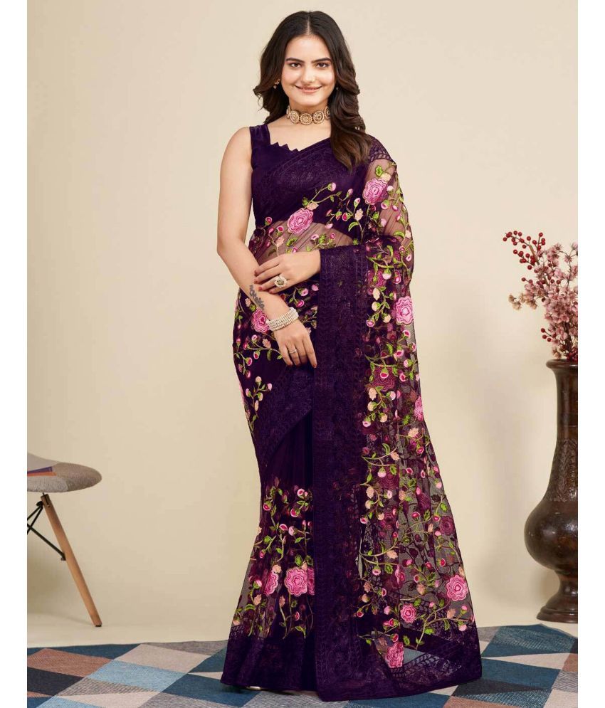     			KV Fashion Net Embroidered Saree With Blouse Piece ( Wine , Pack of 1 )