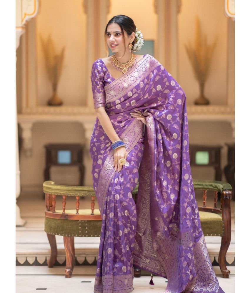     			KV Fashion Silk Blend Embellished Saree With Blouse Piece ( Lavender , Pack of 1 )