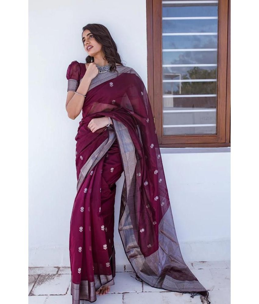     			KV Fashion Silk Blend Embellished Saree With Blouse Piece ( Wine , Pack of 1 )