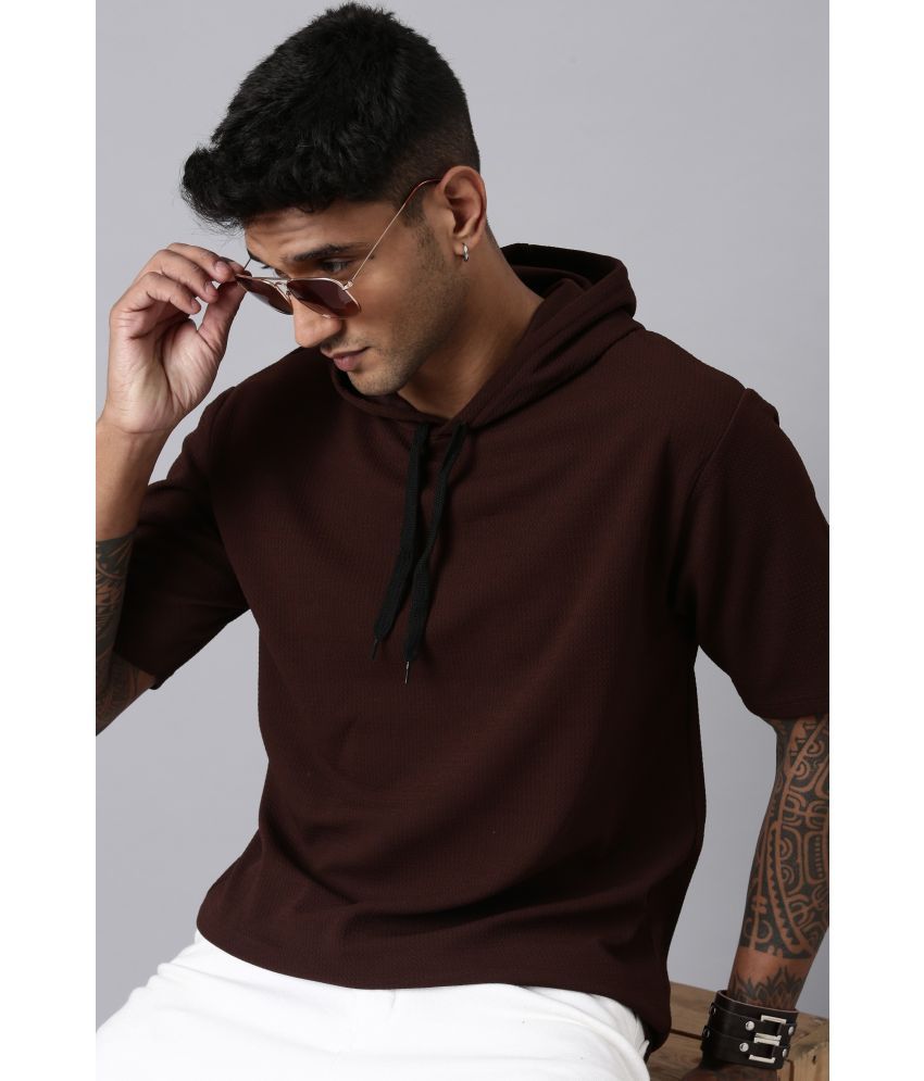     			LEWEL Polyester Regular Fit Solid Half Sleeves Men's Hooded T-Shirt - Brown ( Pack of 1 )