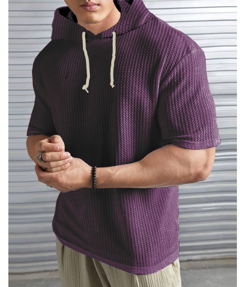     			LEWEL Polyester Regular Fit Solid Half Sleeves Men's Hooded T-Shirt - Purple ( Pack of 1 )