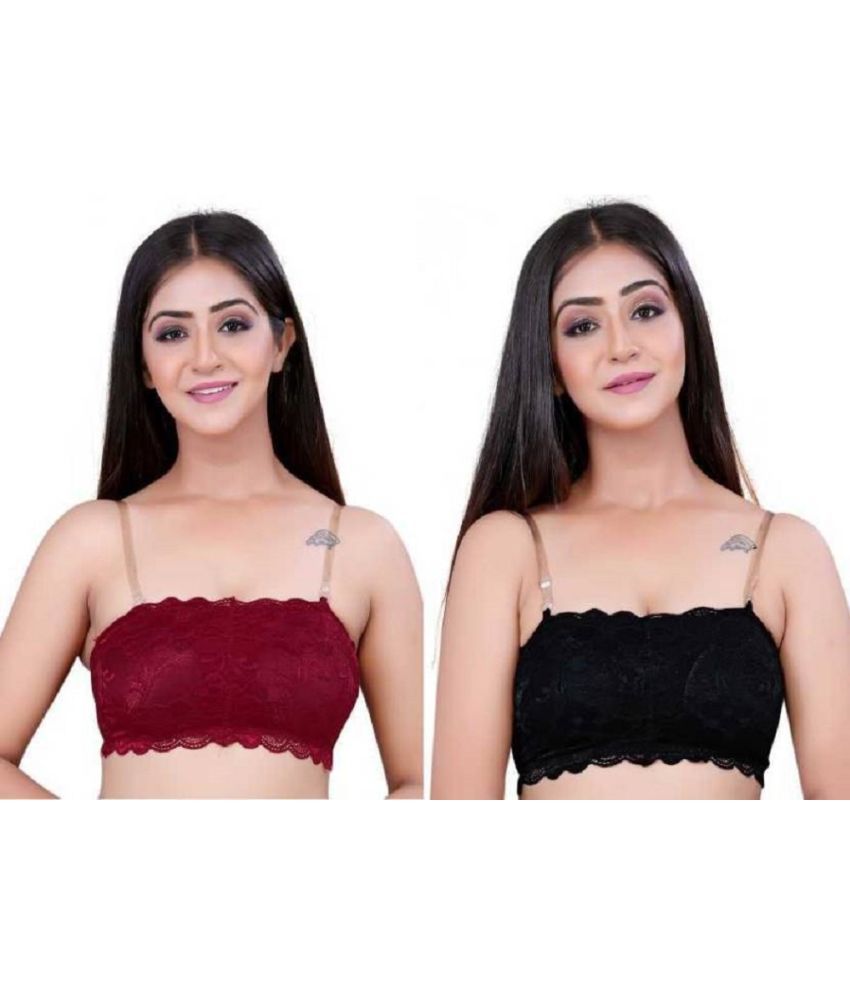     			ROKONIC Pack of 2 Lace Lightly Padded Bralette Bra For Women ( Black,Maroon )