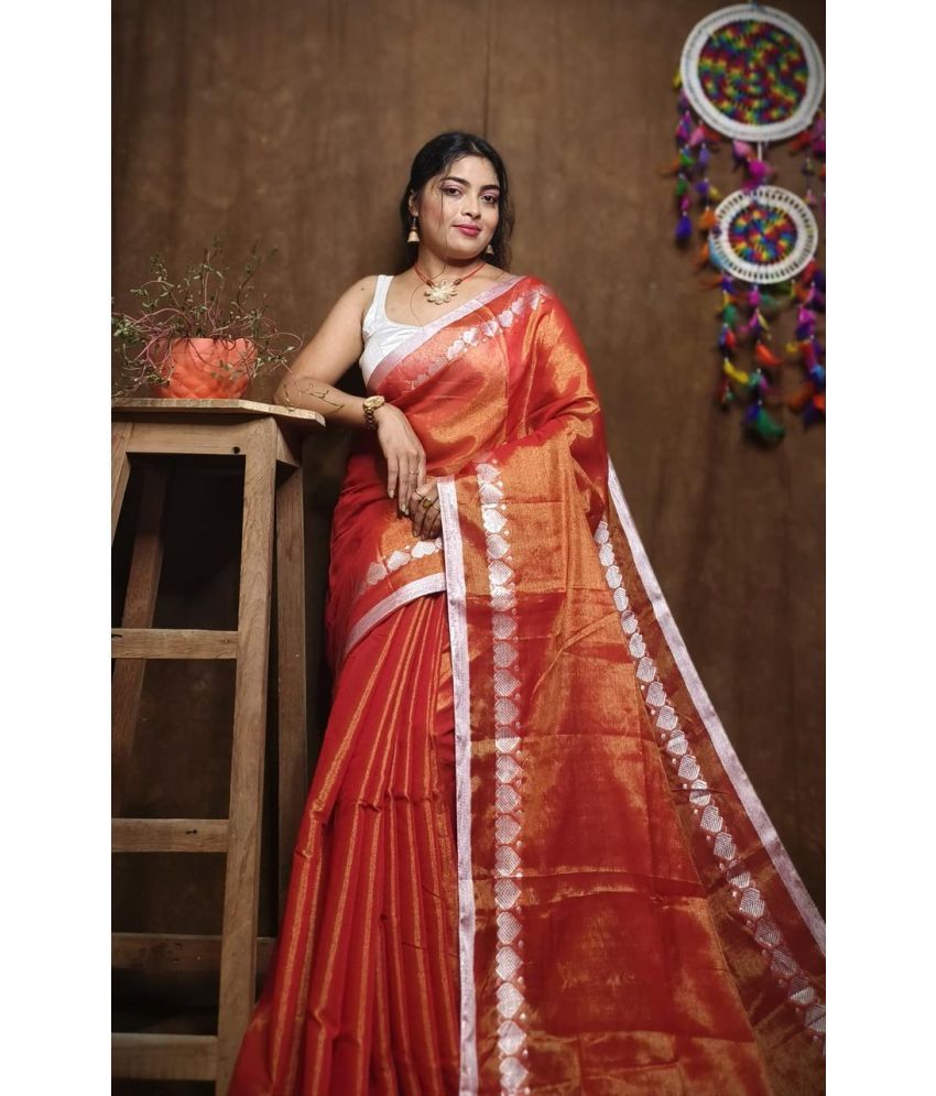     			SARADA HANDLOOM Cotton Printed Saree With Blouse Piece ( Orange , Pack of 1 )