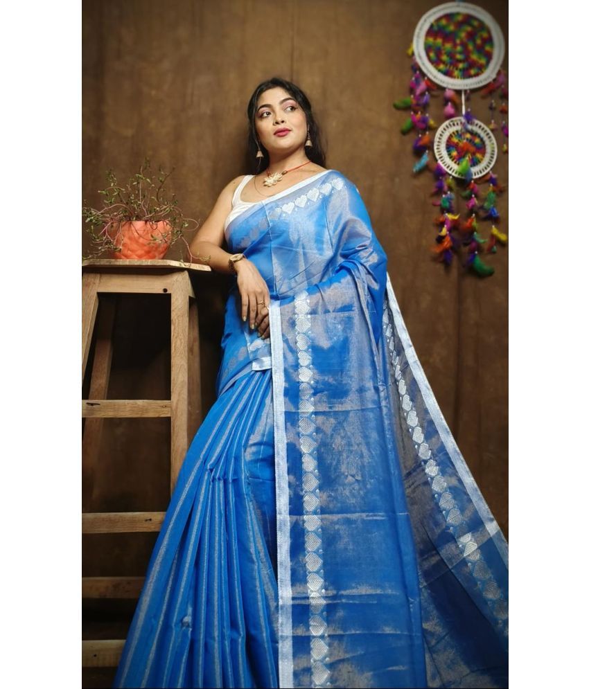     			SARADA HANDLOOM Cotton Printed Saree With Blouse Piece ( Blue , Pack of 1 )