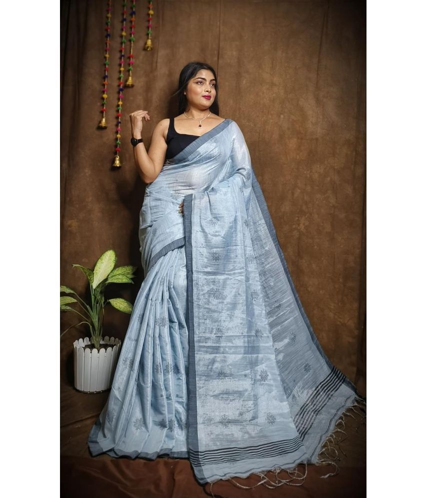     			SARADA HANDLOOM Cotton Solid Saree With Blouse Piece ( Silver , Pack of 1 )