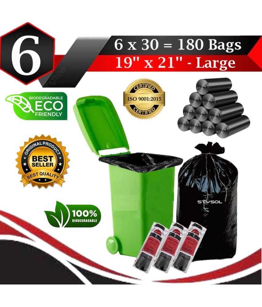     			180 Bags (6 Rolls) Premium Biodegradable Garbage Bags 19 X 21 Inches (Medium Size)  Dustbin Bag/Trash Bag - Black Color