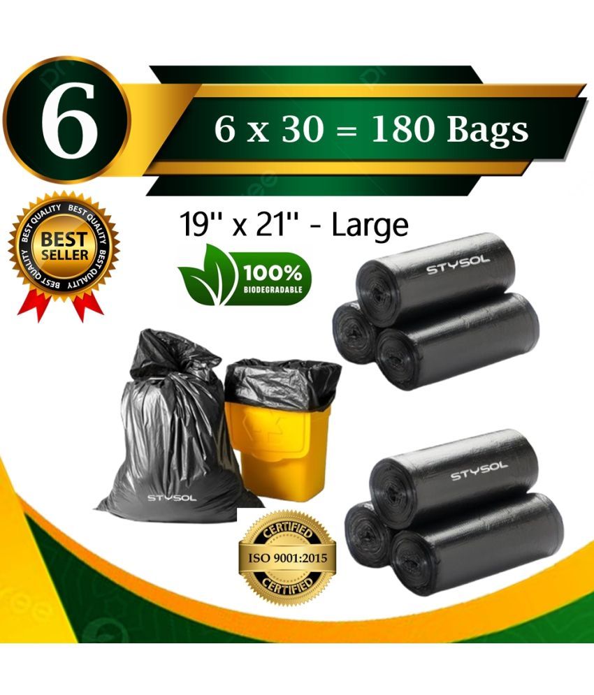     			INDIA Premium Biodegradable Garbage Bags 19 X 21 Inches (Medium Size) 180 Bags (6 Rolls) Dustbin Bag/Trash Bag - Black Color