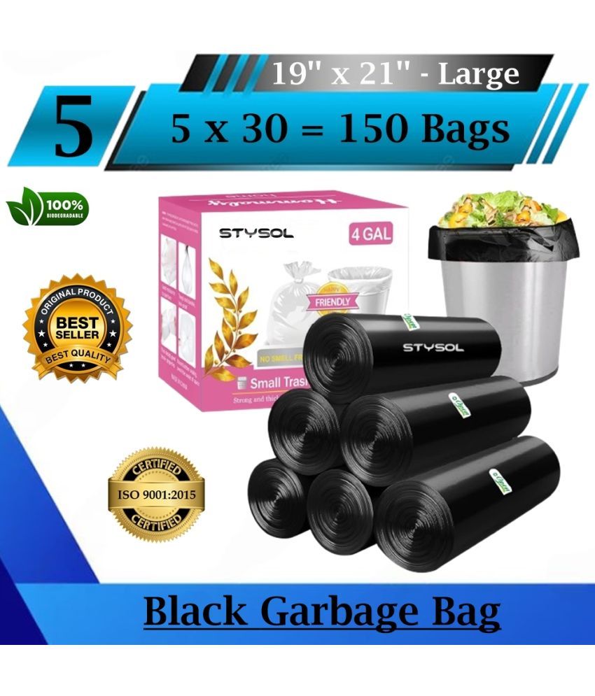     			INDIA Premium Biodegradable Garbage Bags 19 X 21 Inches (Medium Size) 150 Bags (5 Rolls) Dustbin Bag/Trash Bag - Black Color