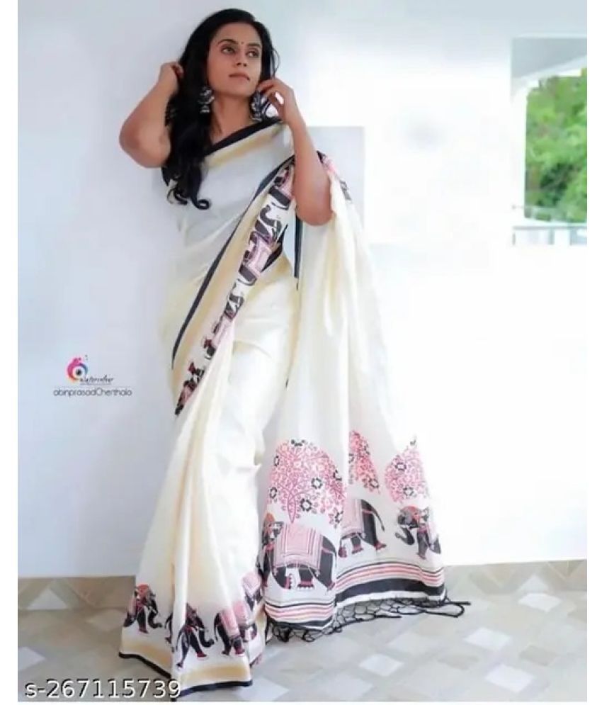     			SVB Cotton Silk Printed Saree With Blouse Piece ( White , Pack of 1 )