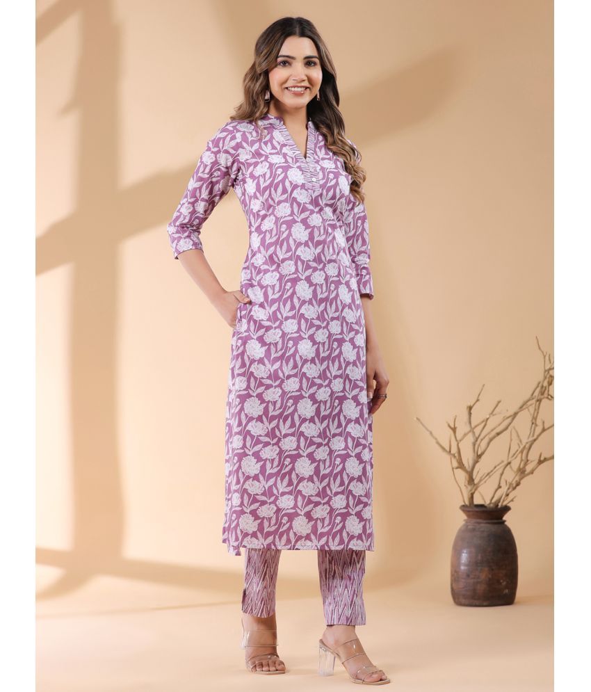     			Janasya Cotton Printed Kurti With Pants Women's Stitched Salwar Suit - Purple ( Pack of 1 )