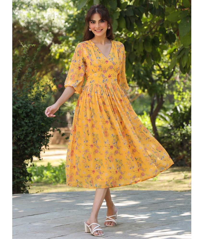     			Janasya Georgette Printed Calf-Length Women's Fit & Flare Dress - Mustard ( Pack of 1 )