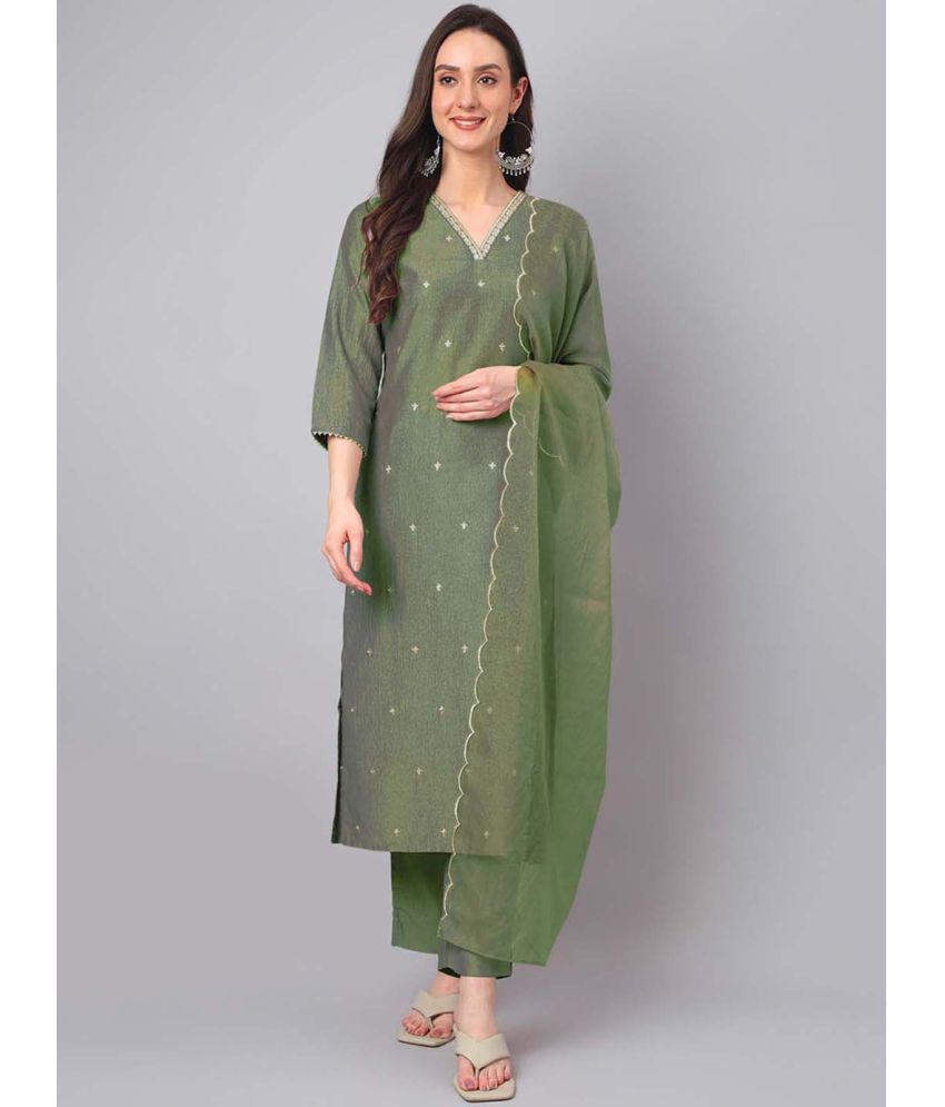     			Janasya Silk Blend Printed Kurti With Pants Women's Stitched Salwar Suit - Green ( Pack of 1 )