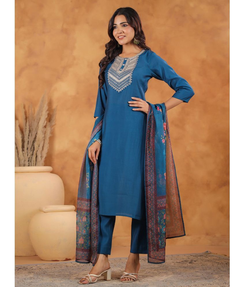     			Janasya Silk Blend Solid Kurti With Pants Women's Stitched Salwar Suit - Blue ( Pack of 1 )