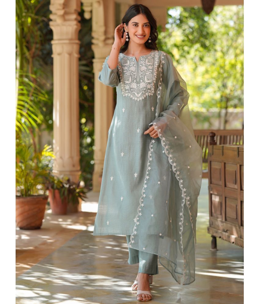     			Janasya Silk Blend Solid Kurti With Pants Women's Stitched Salwar Suit - Light Blue ( Pack of 1 )