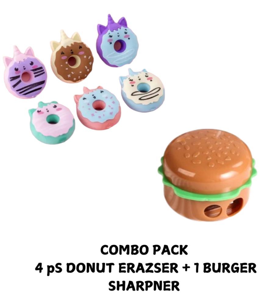     			Kalra Magic  4 Pcs White Unicron Shape Erasers + 1 Burger Sharpener | Cute & Fun Stationery Set