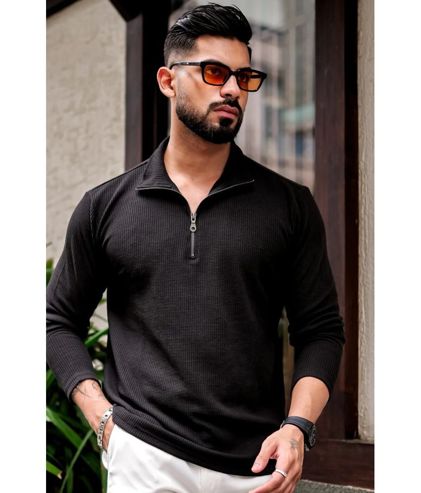     			Kushi flyer Cotton Blend Regular Fit Self Design Full Sleeves Men's High Neck T-Shirt - Black ( Pack of 1 )