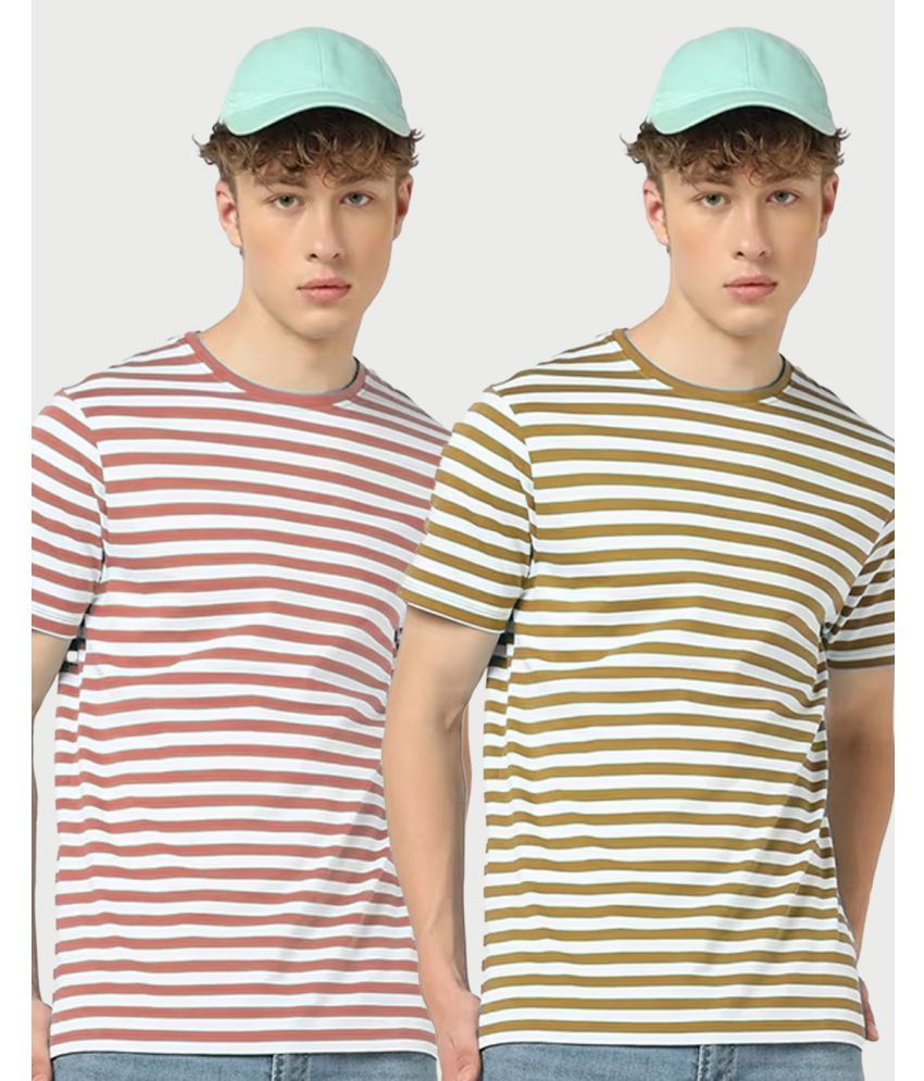     			ADORATE Cotton Blend Regular Fit Striped Half Sleeves Men's Round T-Shirt - Beige ( Pack of 2 )