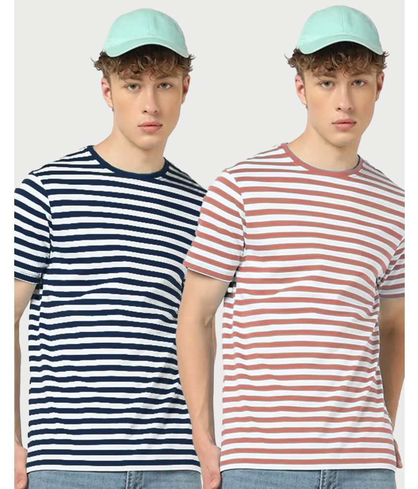     			ADORATE Cotton Blend Regular Fit Striped Half Sleeves Men's Round T-Shirt - Coral ( Pack of 2 )