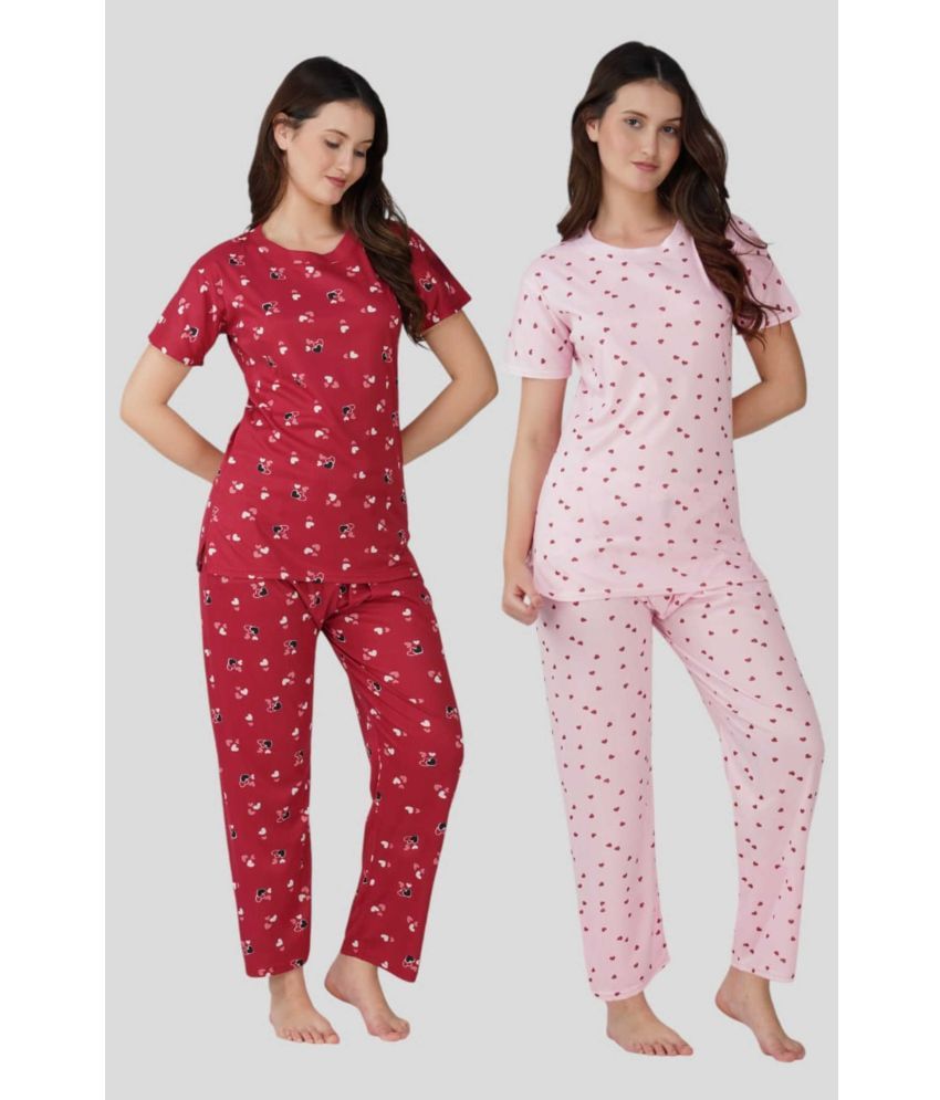     			FANCY WEAR Pink,Red Hosiery Women's Nightwear Nightsuit Sets ( Pack of 2 )