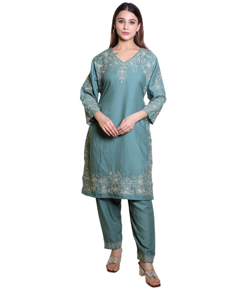     			HeteShe Cotton Embroidered Kurti With Pants Women's Stitched Salwar Suit - Grey ( Pack of 1 )