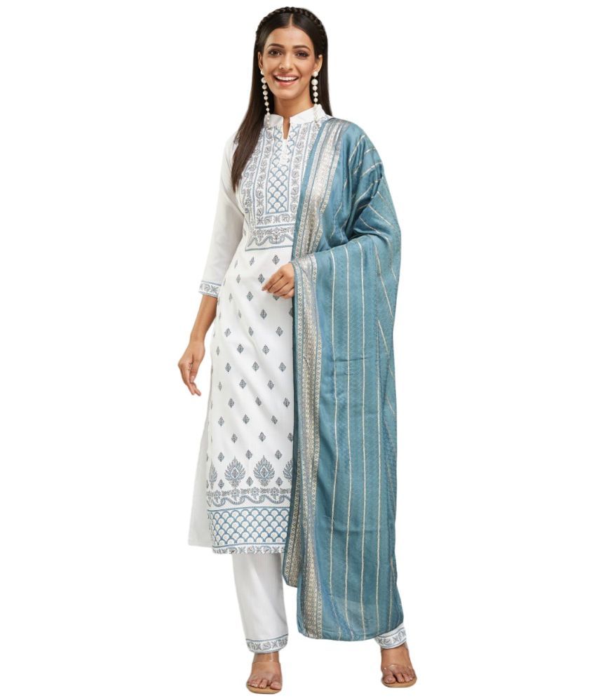     			KV Fashion Chanderi Printed Kurti With Pants Women's Stitched Salwar Suit - White ( Pack of 1 )