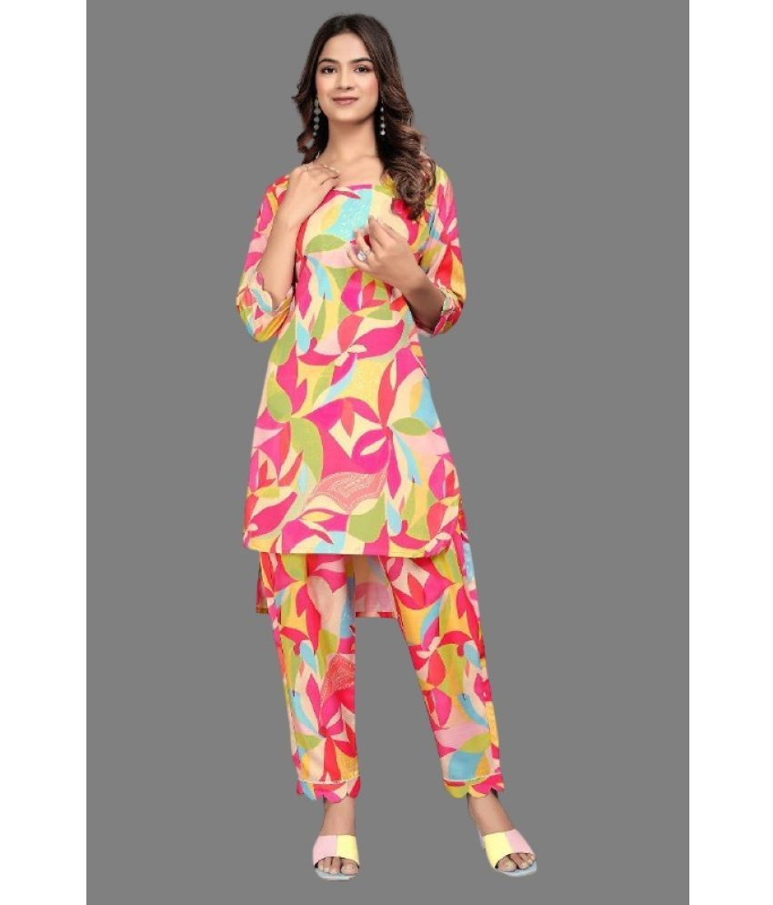     			KV Fashion Rayon Printed Kurti With Pants Women's Stitched Salwar Suit - Multicolor ( Pack of 1 )