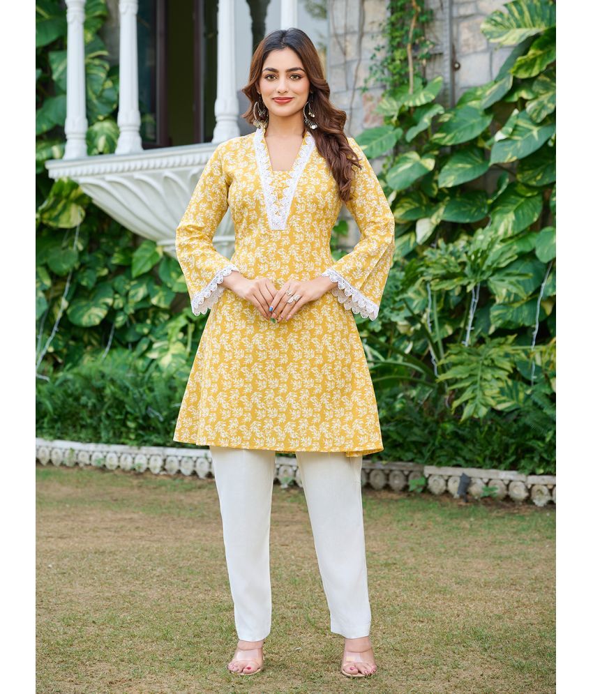     			VIBE VISION Silk Blend Printed Kurti With Pants Women's Stitched Salwar Suit - Yellow ( Pack of 1 )