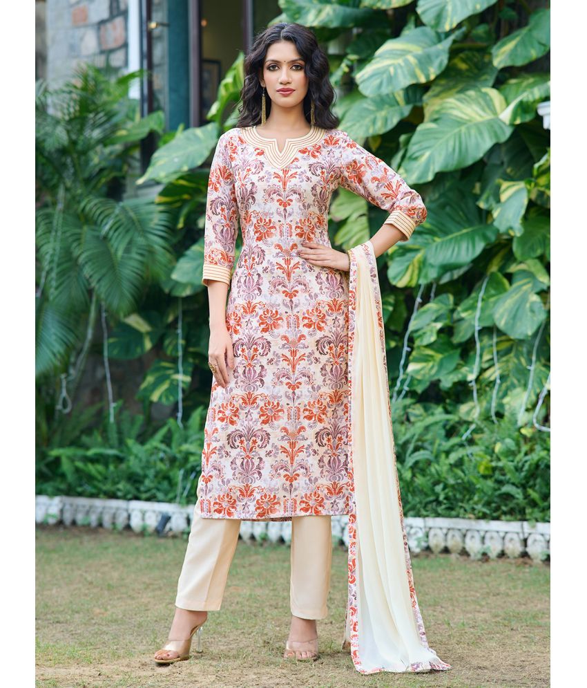     			VIBE VISION Silk Blend Printed Kurti With Pants Women's Stitched Salwar Suit - Cream ( Pack of 1 )