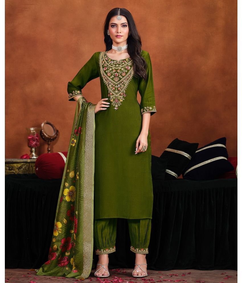     			MOJILAA Viscose Embroidered Kurti With Salwar Women's Stitched Salwar Suit - Green ( Pack of 1 )