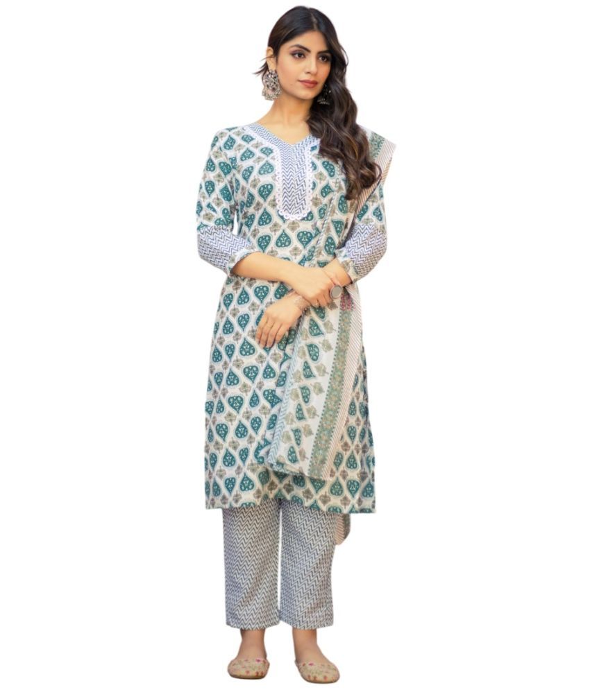     			Apnisha Cotton Printed Kurti With Pants Women's Stitched Salwar Suit - Green ( Pack of 1 )