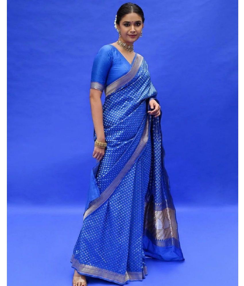     			KV Fashion Banarasi Silk Solid Saree With Blouse Piece ( Blue , Pack of 1 )