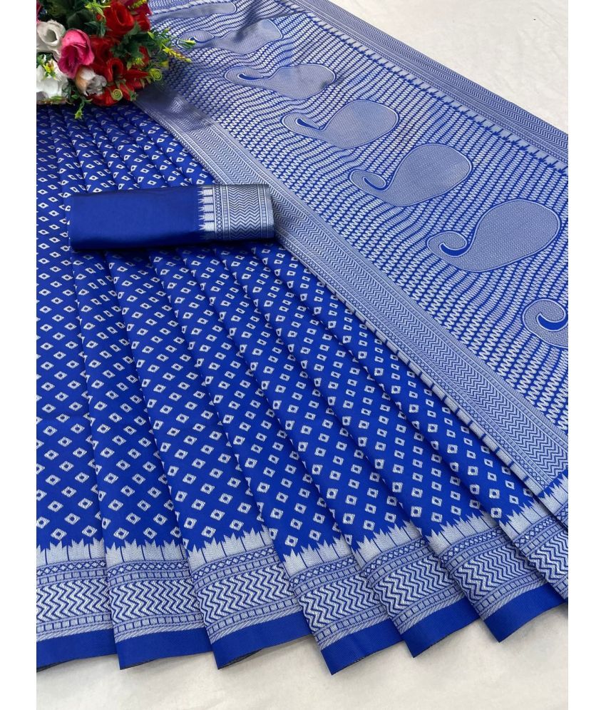     			KV Fashion Jacquard Solid Saree With Blouse Piece ( Blue , Pack of 1 )