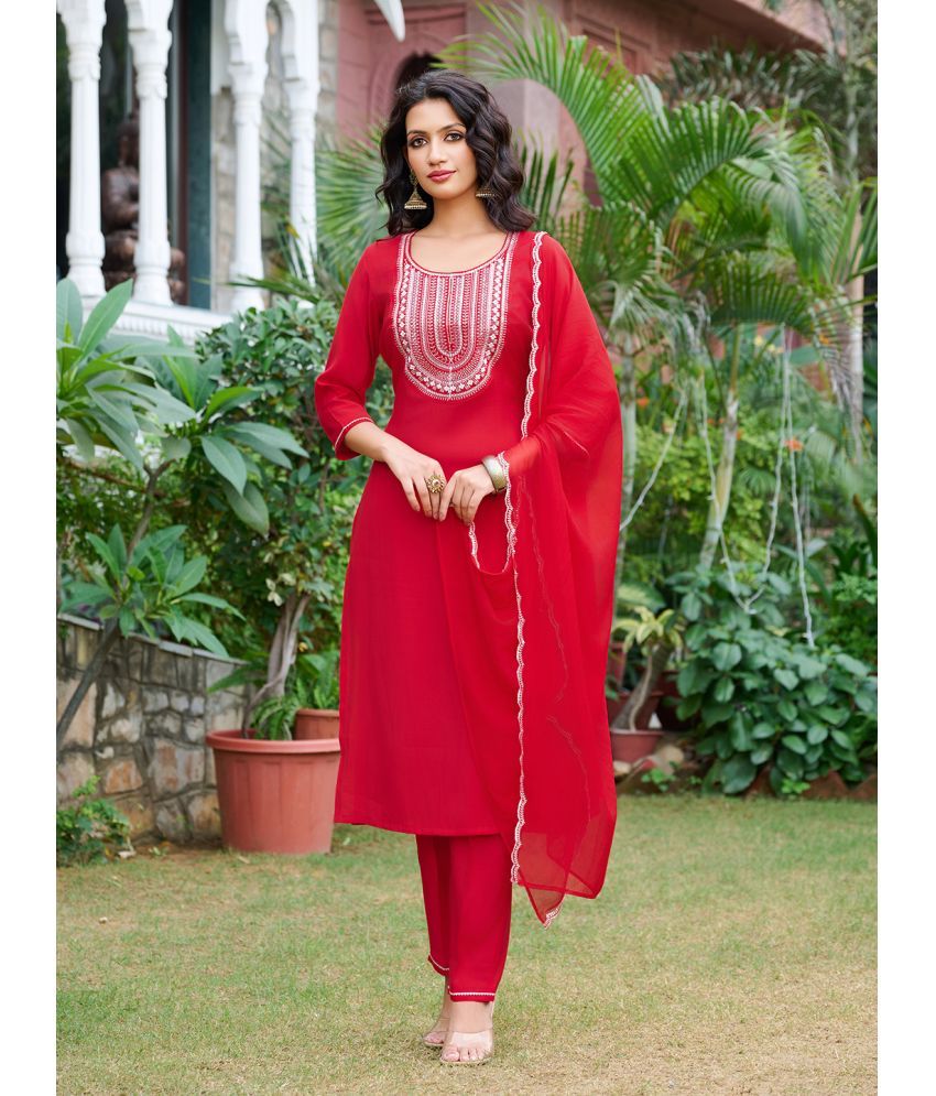     			VIBE VISION Silk Blend Embroidered Kurti With Pants Women's Stitched Salwar Suit - Red ( Pack of 1 )