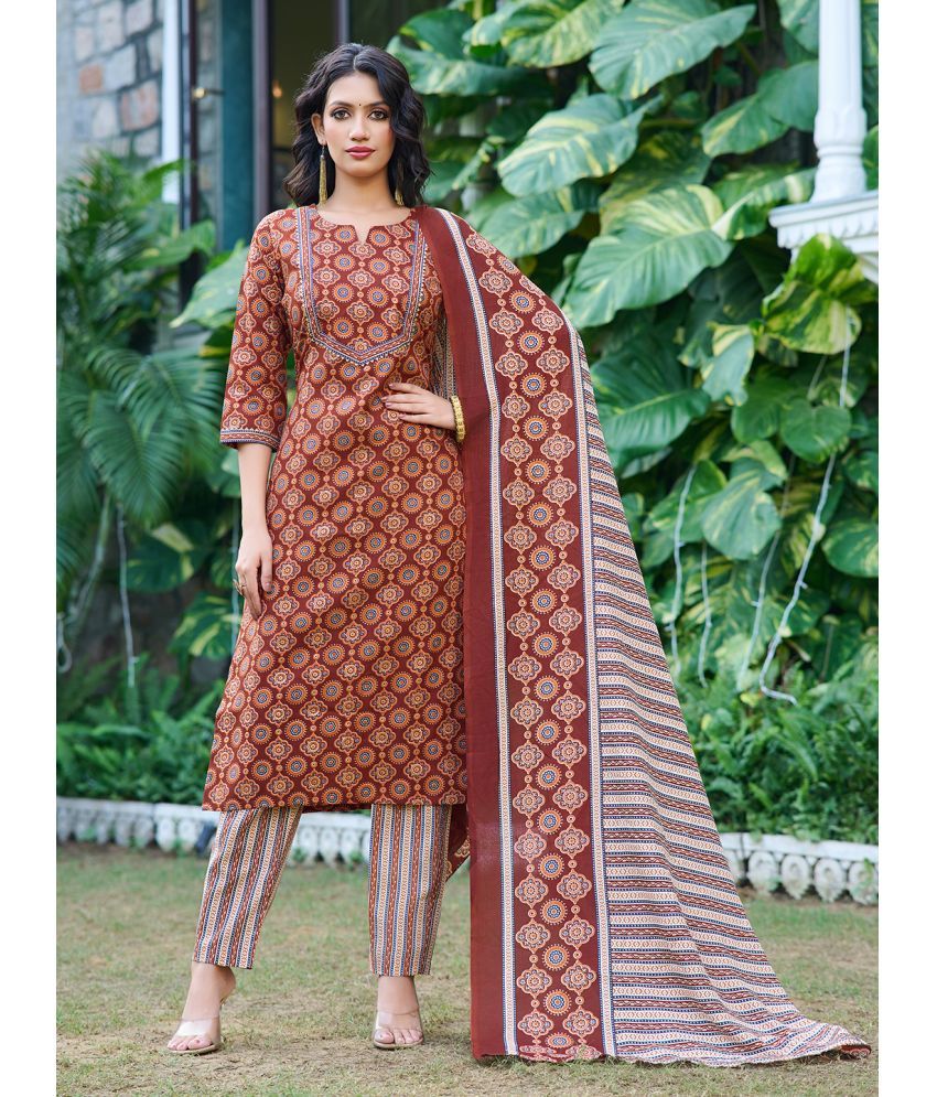     			VIBE VISION Silk Blend Printed Kurti With Pants Women's Stitched Salwar Suit - Brown ( Pack of 1 )