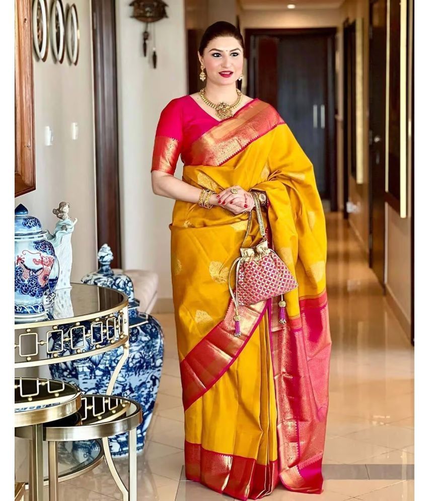     			KV Fashion Silk Solid Saree With Blouse Piece ( Yellow , Pack of 1 )