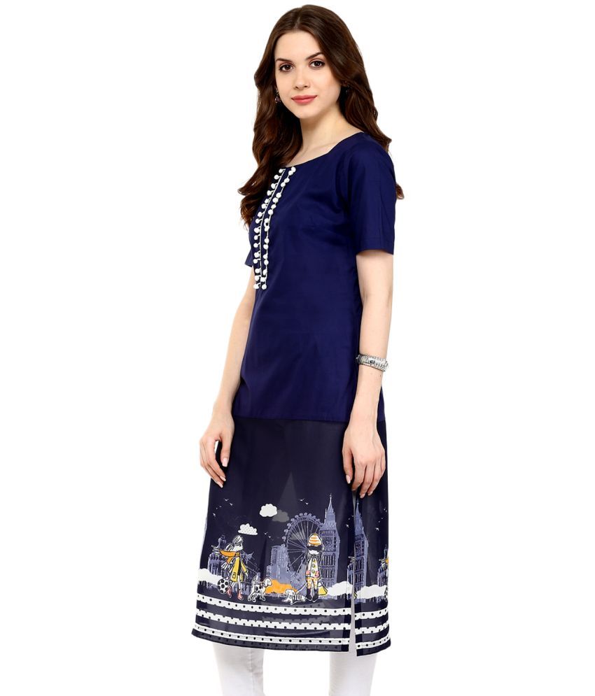     			Pannkh Pack of 1 Cotton Printed Asymmetrical Women's Kurti - ( Navy Blue )