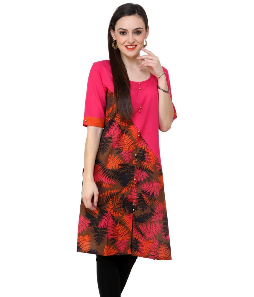     			Pannkh Pack of 1 Cotton Printed Asymmetrical Women's Kurti - ( Orange )