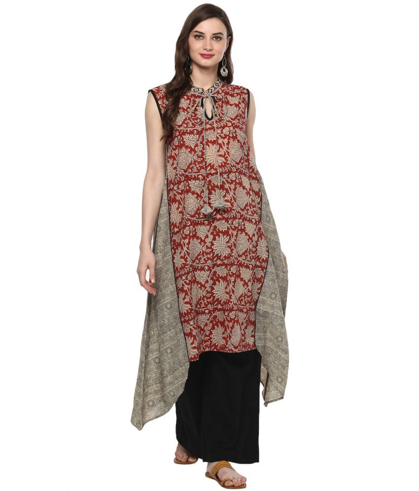     			Pannkh Pack of 1 Cotton Printed Asymmetrical Women's Kurti - ( Red )