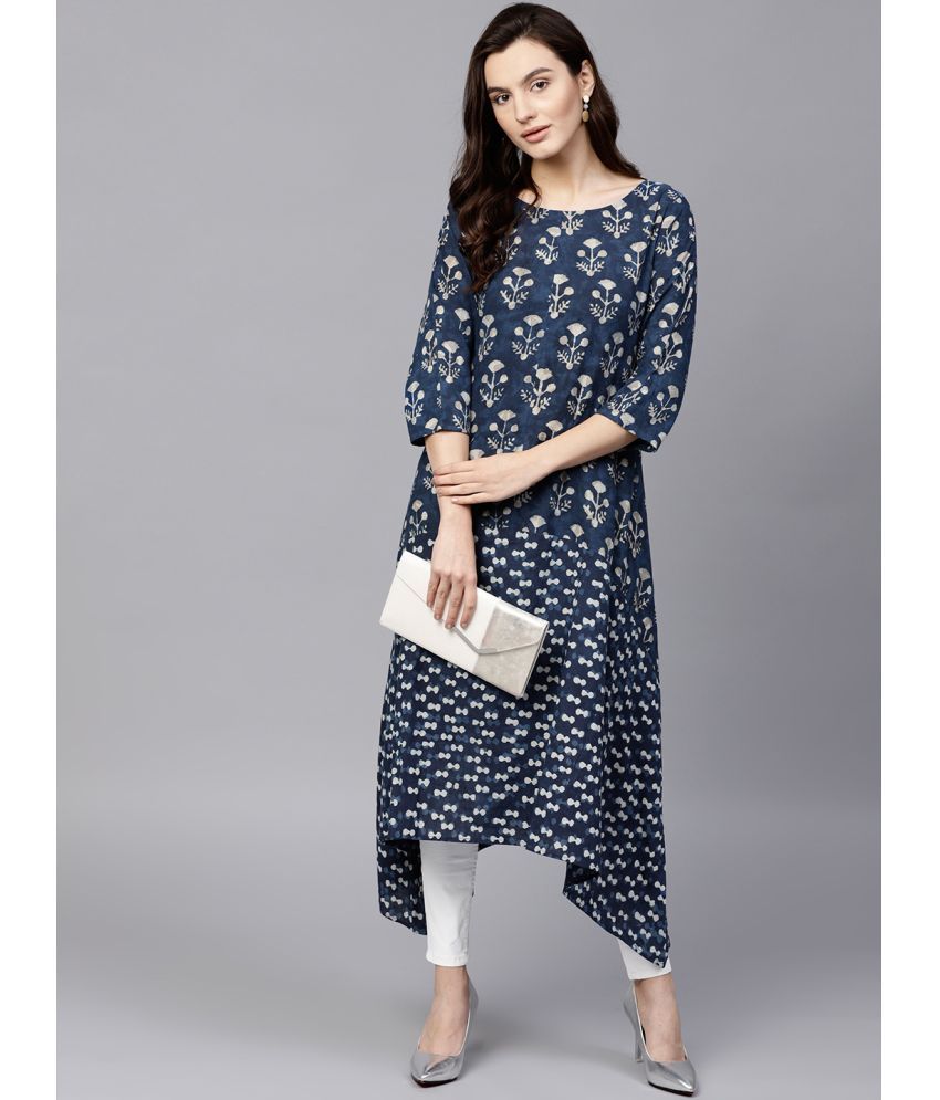     			Pannkh Pack of 1 Cotton Printed Asymmetrical Women's Kurti - ( Navy Blue )