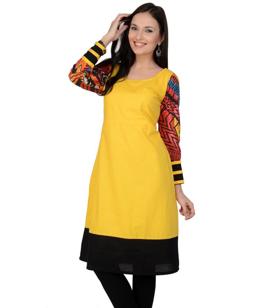     			Pannkh Pack of 1 Cotton Printed Asymmetrical Women's Kurti - ( Yellow )