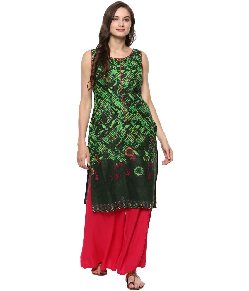     			Pannkh Pack of 1 Cotton Printed Asymmetrical Women's Kurti - ( Green )