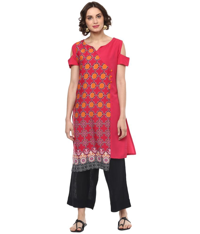     			Pannkh Pack of 1 Crepe Printed Asymmetrical Women's Kurti - ( Pink )