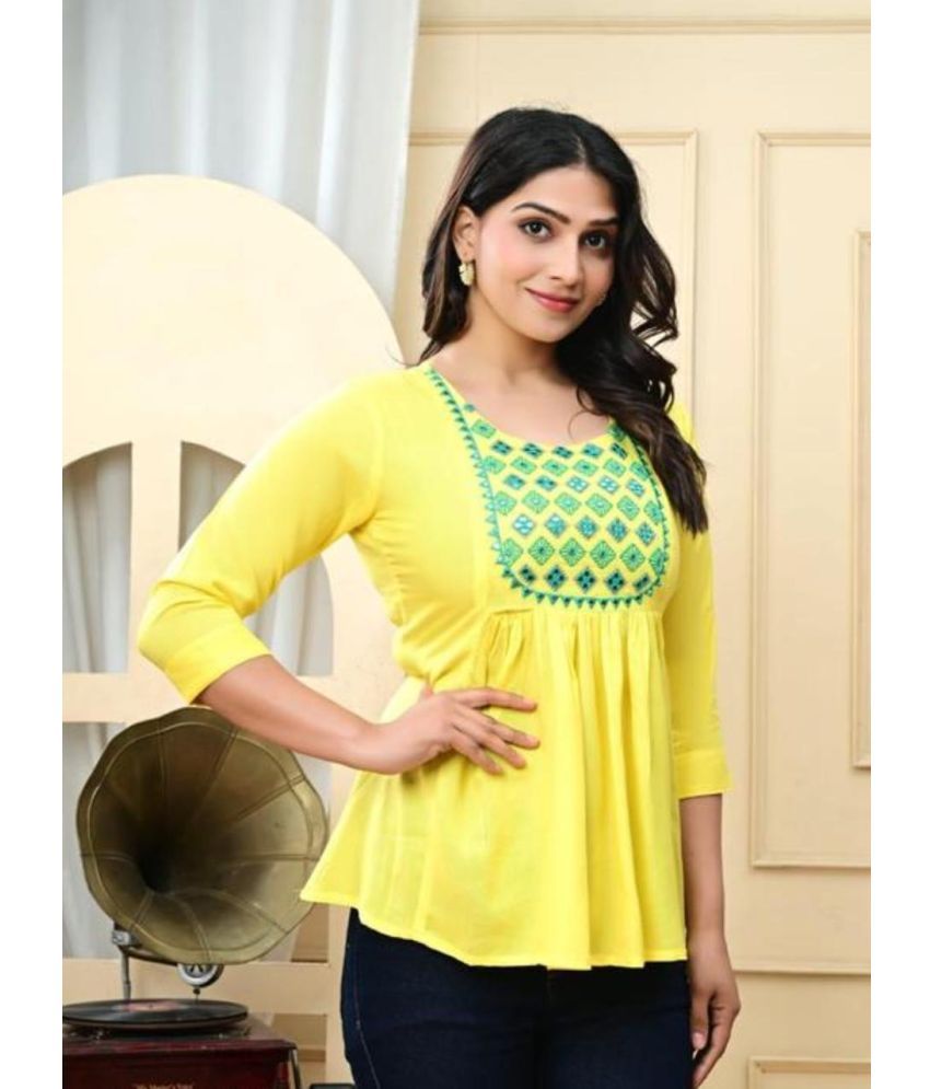     			SHREE JEE FABRICS Pack of 1 Rayon Embroidered Flared Women's Kurti - ( Yellow )