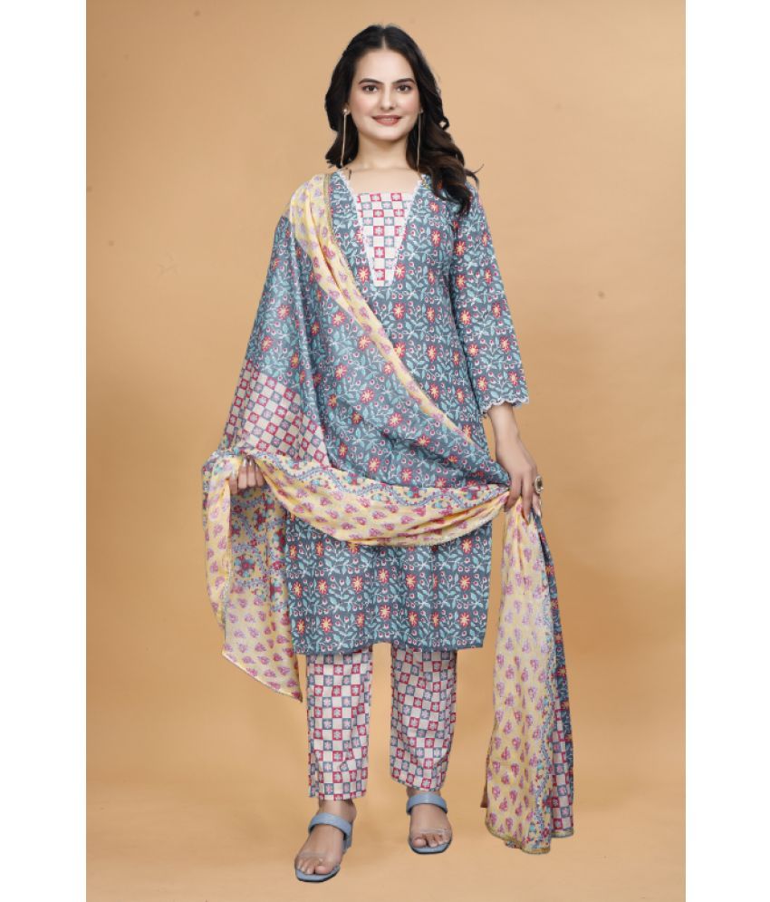     			Sitanjali Lifestyle Cotton Printed Kurti With Pants Women's Stitched Salwar Suit - Light Grey ( Pack of 1 )