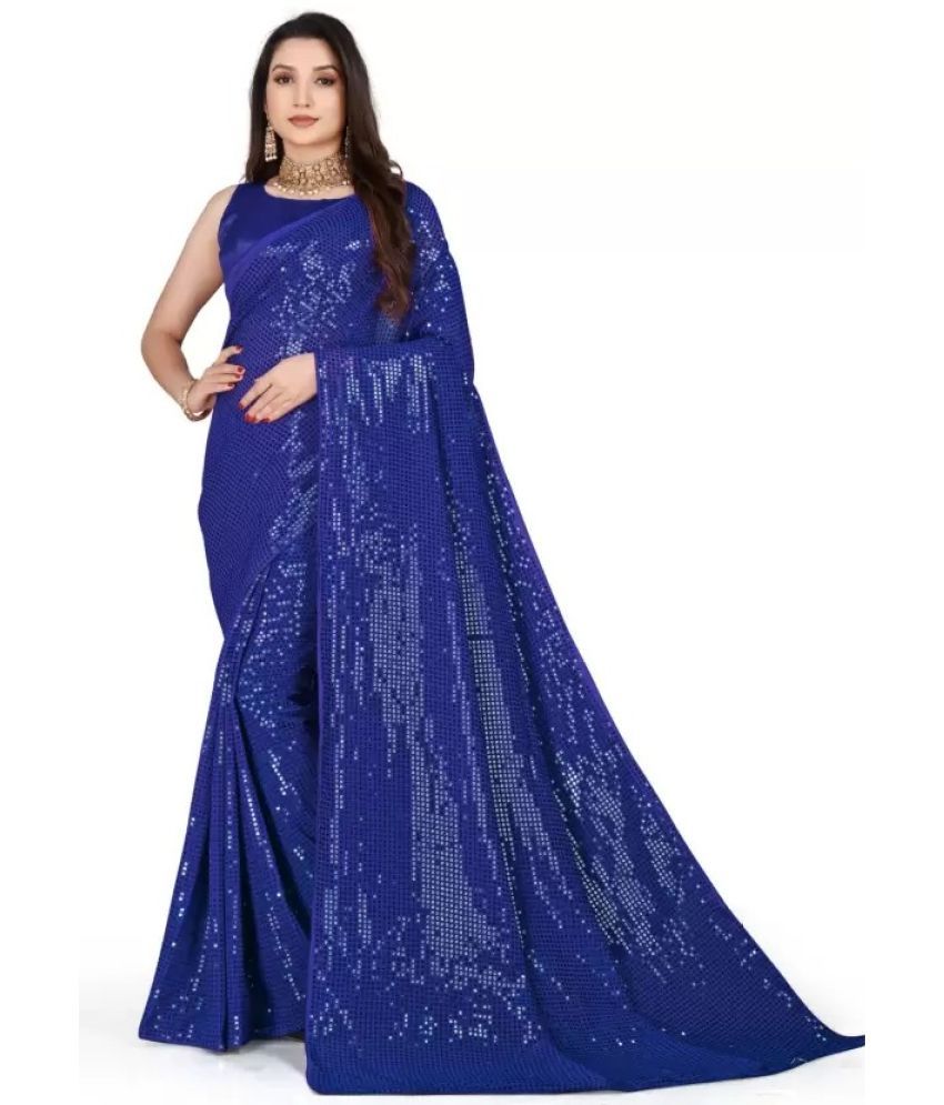     			Suntex Georgette Embellished Saree With Blouse Piece ( Blue , Pack of 1 )