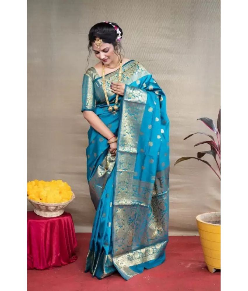     			Suntex Silk Woven Saree With Blouse Piece ( Light Blue , Pack of 1 )