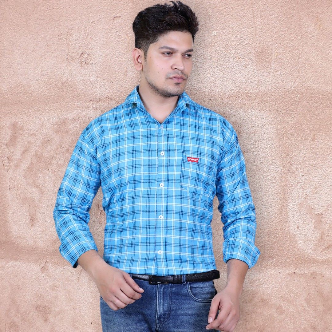     			TOROLY Cotton Blend Slim Fit Checks Full Sleeves Men's Casual Shirt - Light Blue ( Pack of 1 )