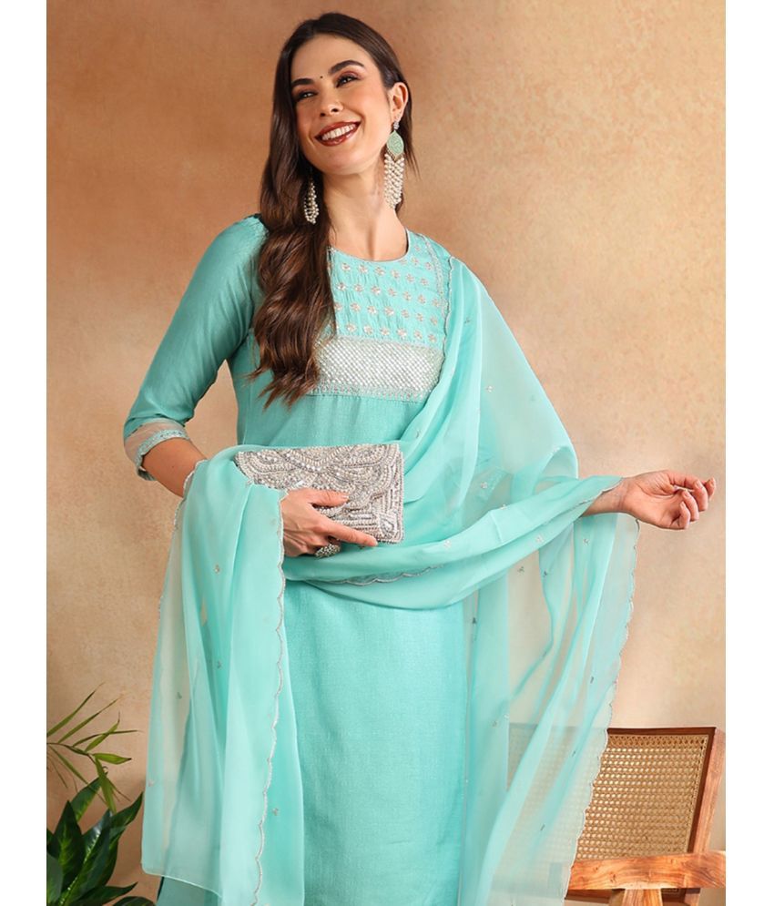     			Vaamsi Silk Blend Embellished Kurti With Pants Women's Stitched Salwar Suit - Sea Green ( Pack of 1 )